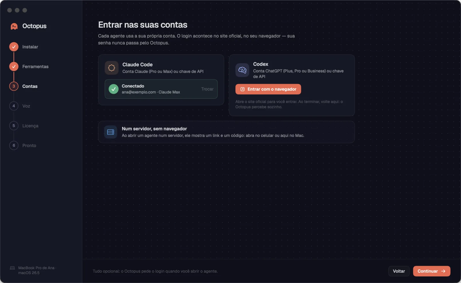 O passo “Entrar nas suas contas”, com o Claude Code conectado.