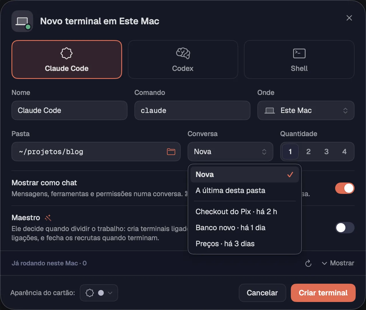 O menu Conversa com as conversas salvas da pasta