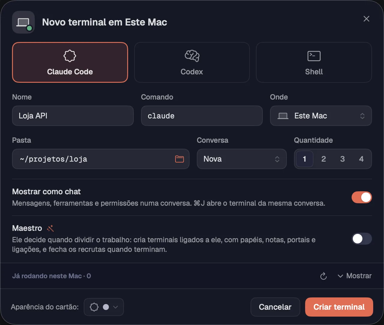 A folha Novo terminal com o Claude Code escolhido