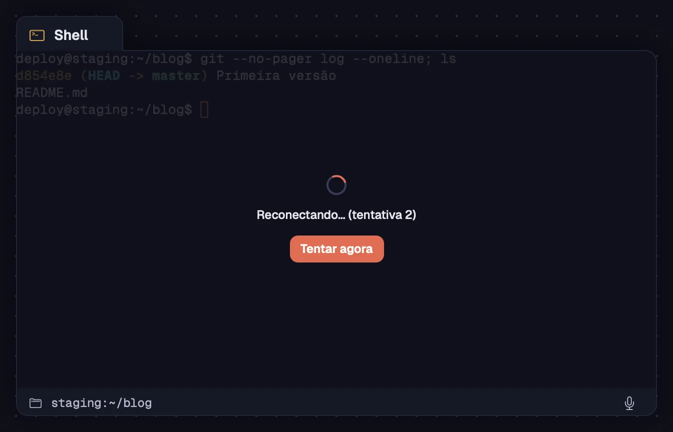 Um terminal de servidor reconectando, com Tentar agora