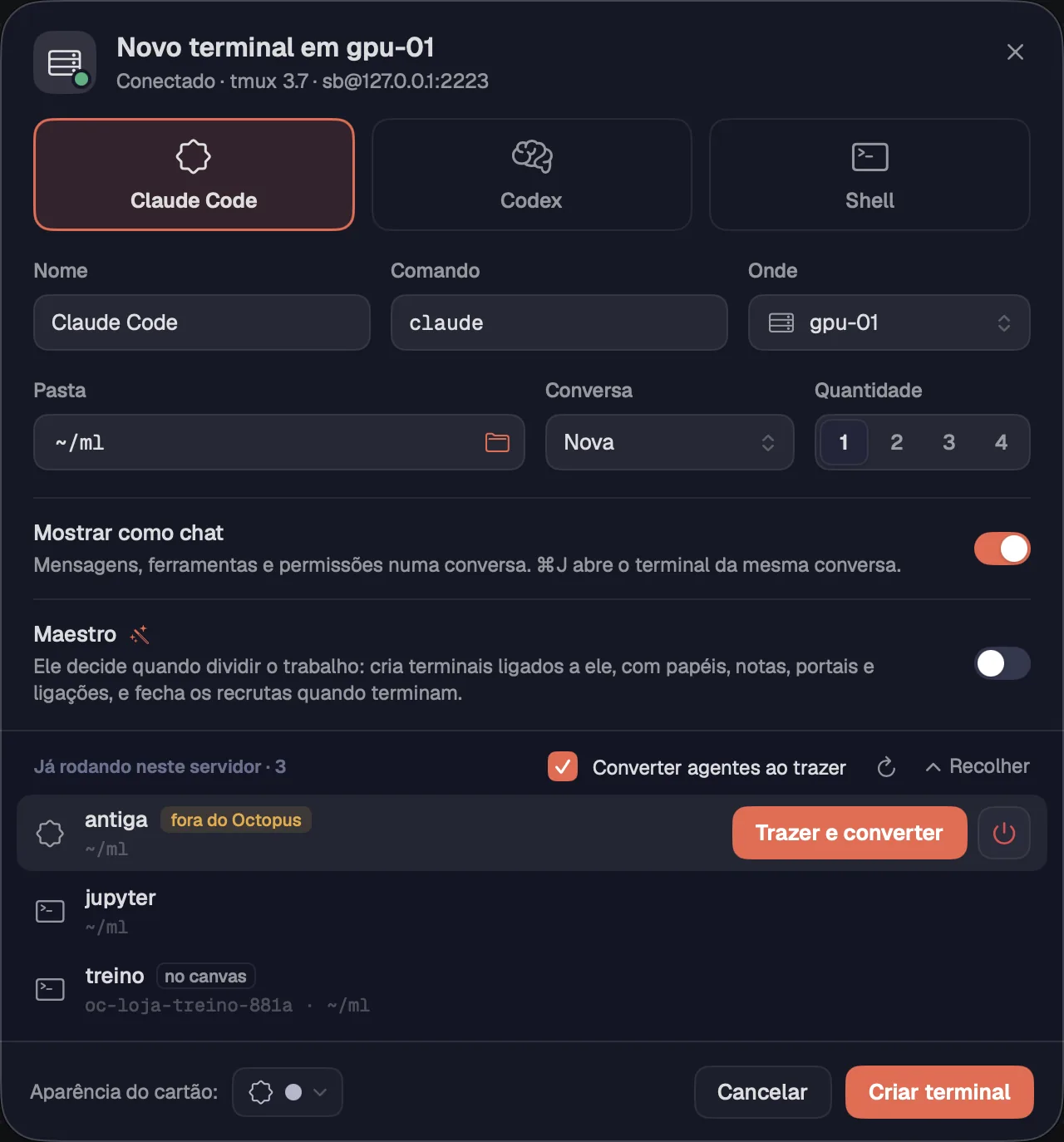 Novo terminal em gpu-01 com as sessões que já rodam lá