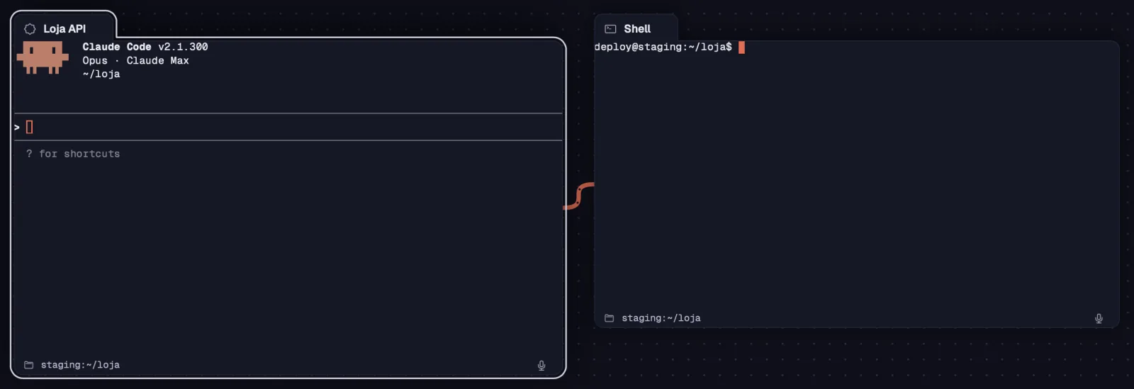 Um Claude Code com o Shell ao lado, ligados por um cabo