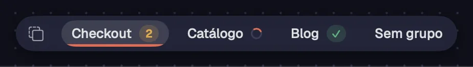A barra de grupos no pé do canvas.