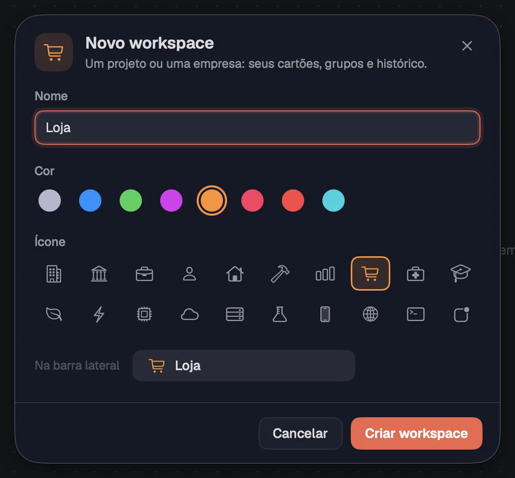 A folha “Novo workspace”, com nome, cor e ícone.