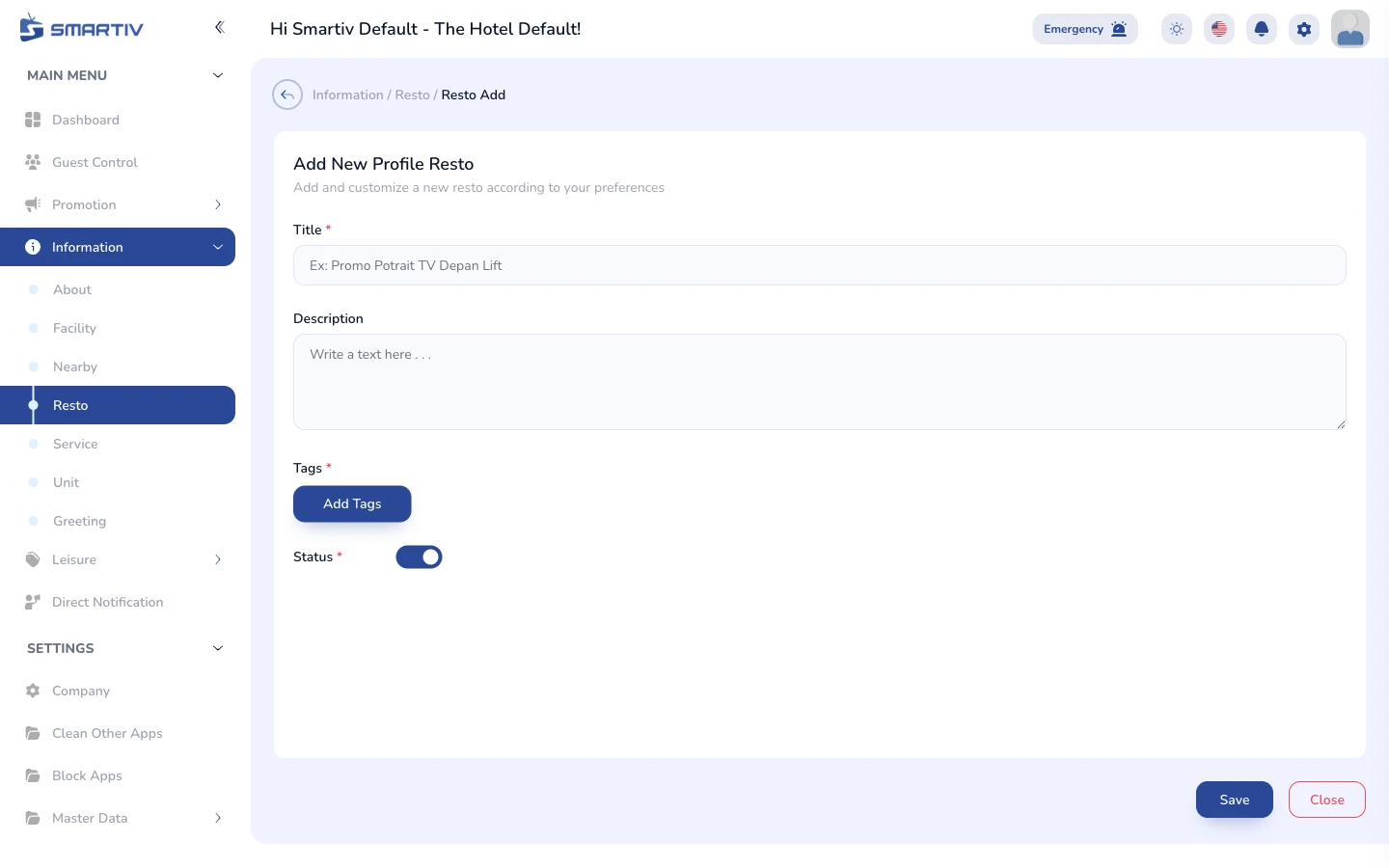 The empty creation form modal.
