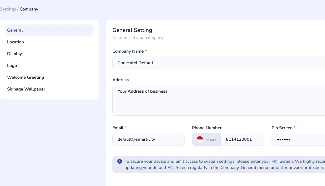 Company information form showing name, address, contact, and logo fields.