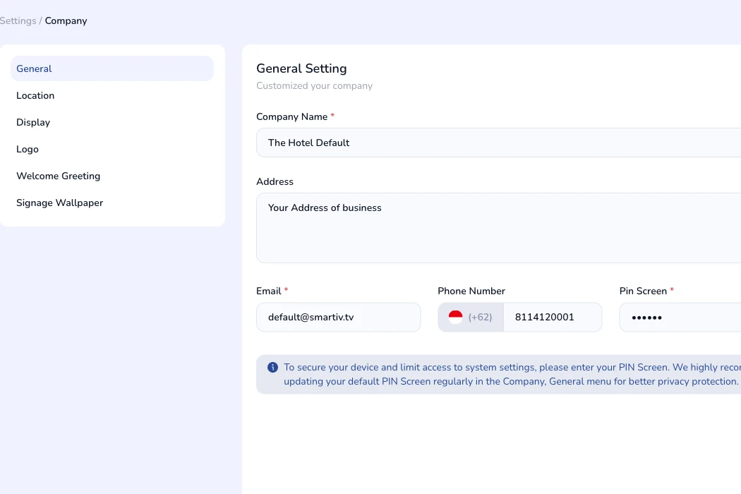 Save button at the bottom of the Company Settings form.