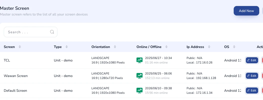 Device list table with name, resolution, unit, and status columns.