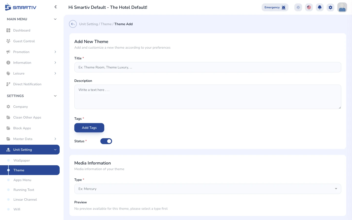 New theme creation form.