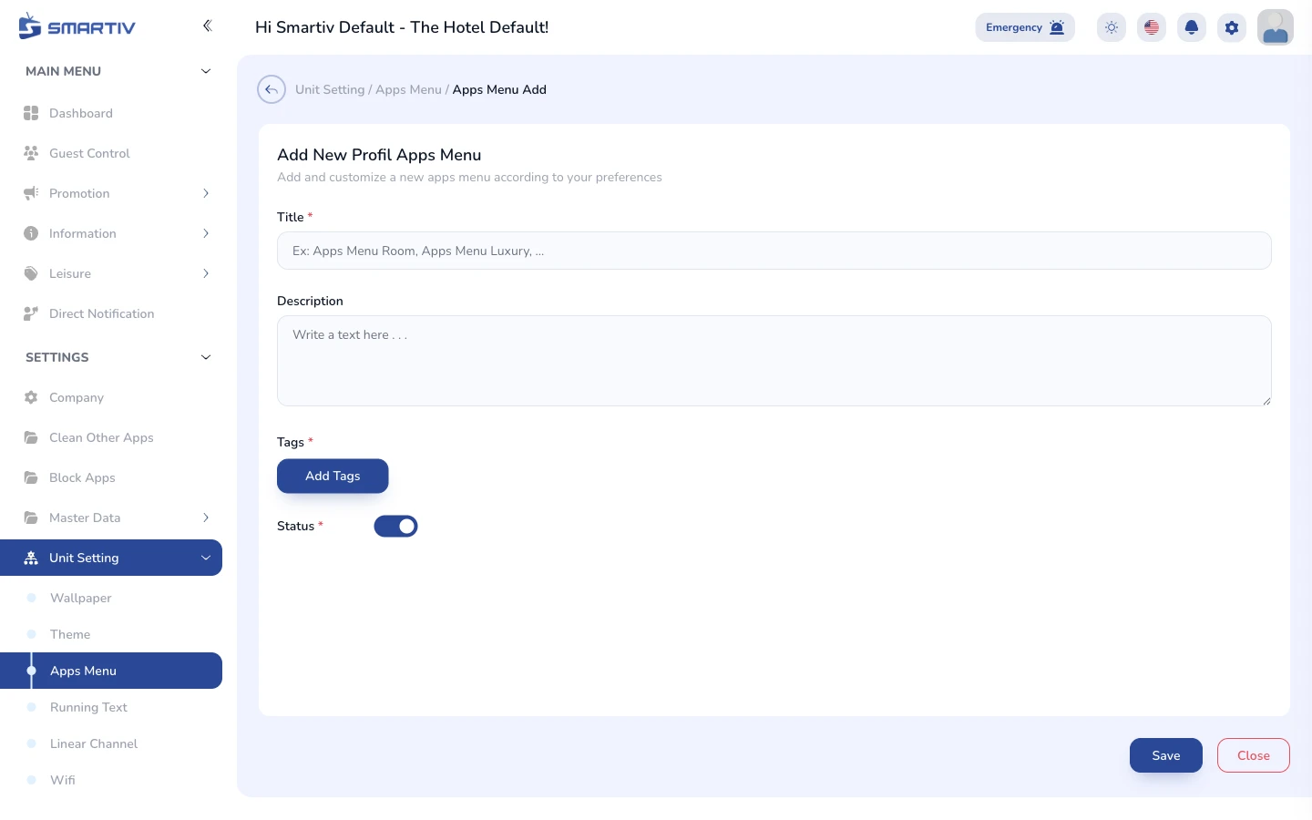 The empty configuration form modal.