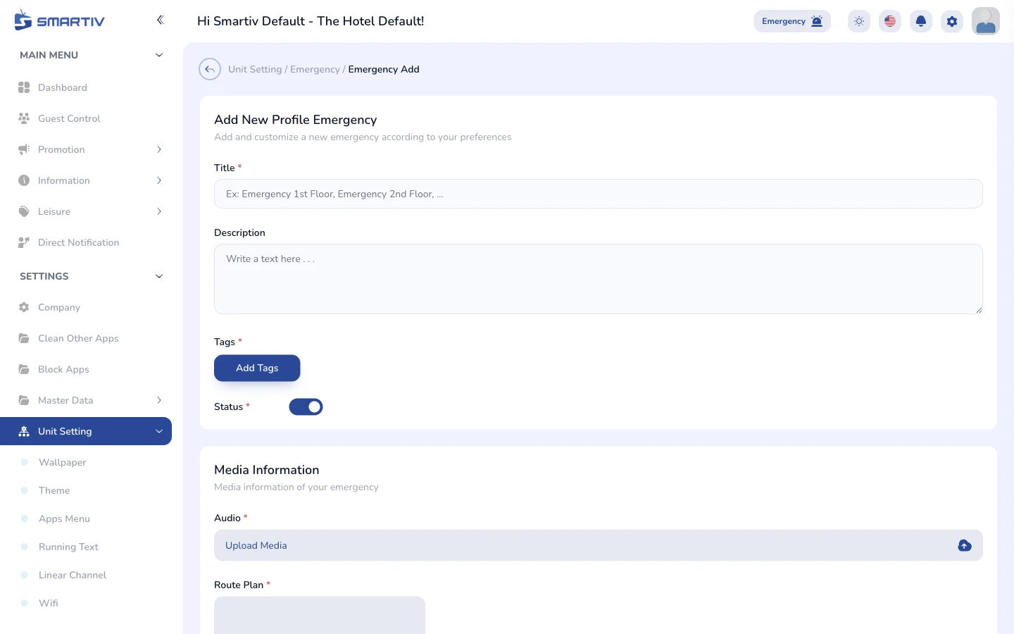 Empty emergency profile creation form.