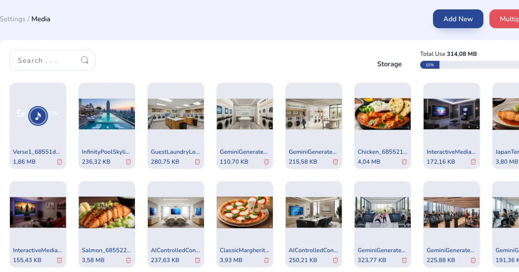 Grid of uploaded media files with previews.