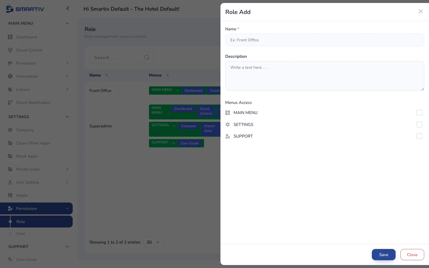 Role creation form with name and permission checkboxes.