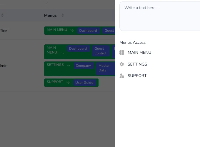 Permission matrix showing granular access controls per module.