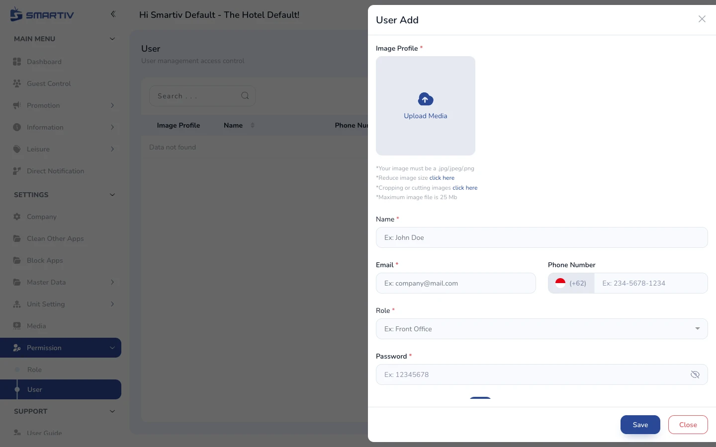 User creation form with name, email, and role fields.