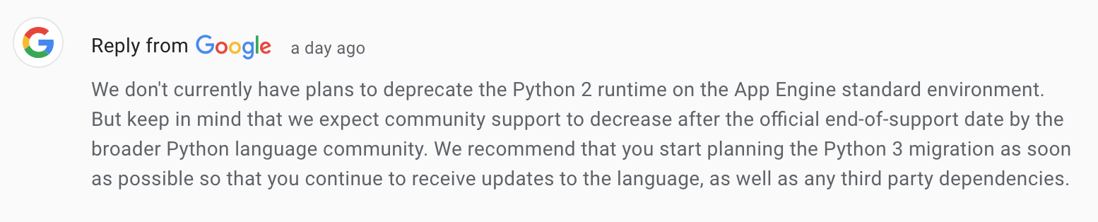 Image of Google comment on the deprecation of python 2