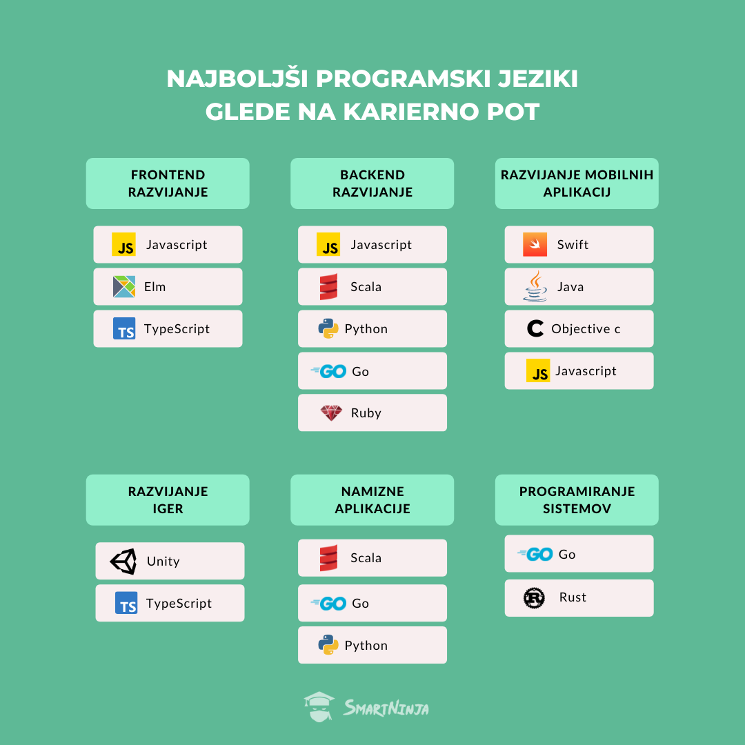 Pregled najbolj pogostih programskih jezikov glede na usmeritev v karieri