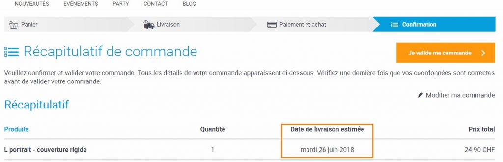 Date de livraison estimée dans le récapitulatif de commande