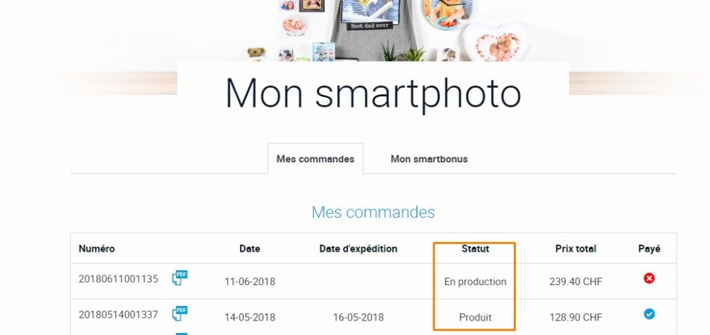 Aperçu du statut des commandes dans le compte client