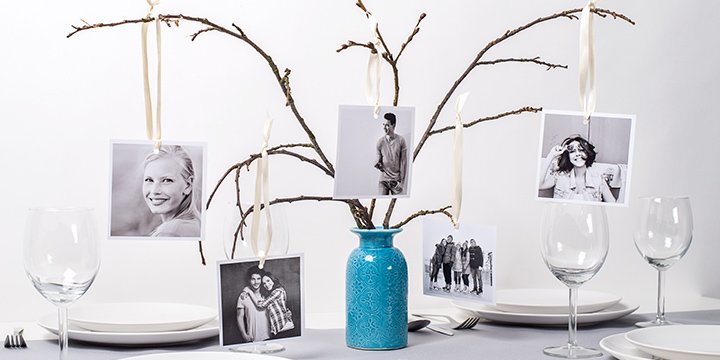 Photo tree with ribbons and black and white pictures