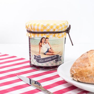 Jar of jam with personalised sticker of mother