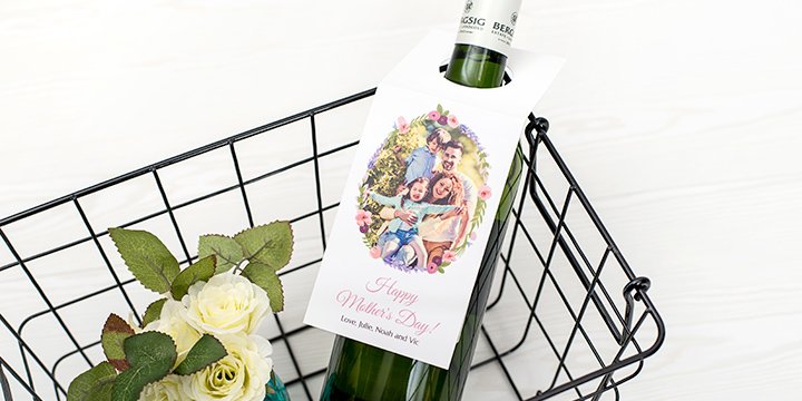 Wine bottle with personalised bottle tag for Mother's Day