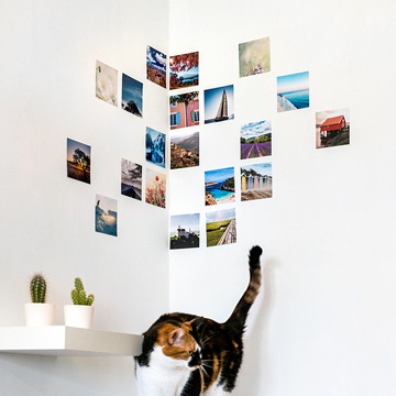 Photo wall of prints in a corner