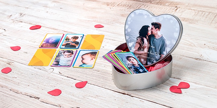 Personalised heart shaped cookie tin with cards game