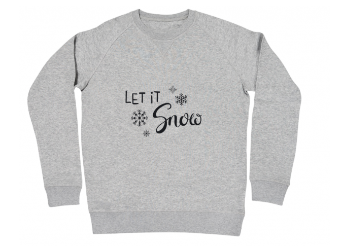 Kersttrui met sneeuwvlokken illustraties en opschrift: 'let it snow'