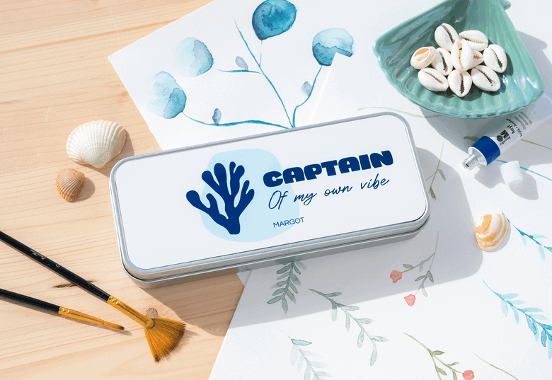 Gepersonaliseerde bewaardoos verfdoos met marine beach design
