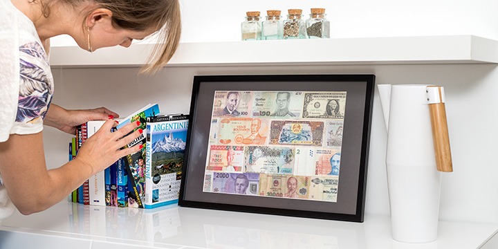 Framed travel money on book cabinet with travel guides