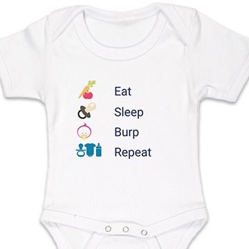 Body blanc pour bébé portant les inscriptions "eat sleep burp repeat" avec les icônes corresponsantes.