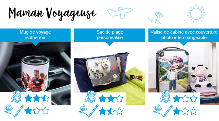 3 idées de cadeau parfait de fête des mères pour la maman globe-trotter. Mug de voyage isotherme, sac de plage personnalisé, valise de cabine avec couverture photo interchangeable.