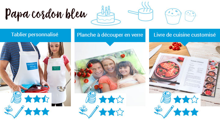 Cadeaux pour papa qui aime cuisiner: tablier personnalisé, planche à découper en verre, livre de cuisine customisé