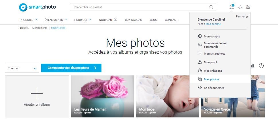 Création d'un produit smartphoto : ajouter ses photos dans un album smartphoto sur mon compte avan la création d'un produit contenant de nombreuses photos 