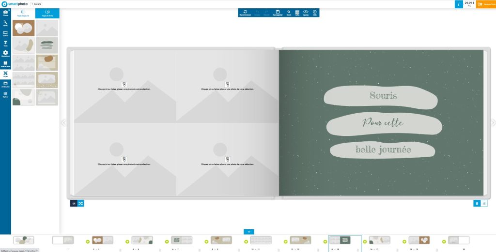 Impression d'écran de l'éditeur de livres photo smartphoto - changement de mises en page selon un design pré-défini