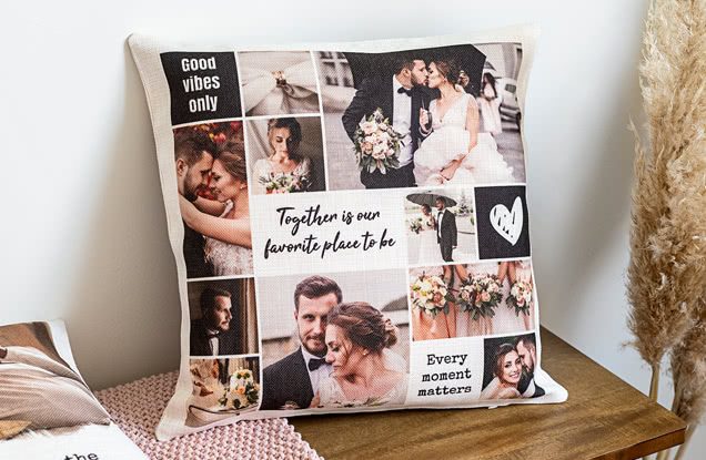 Coussin avec souvenirs photos de mariage