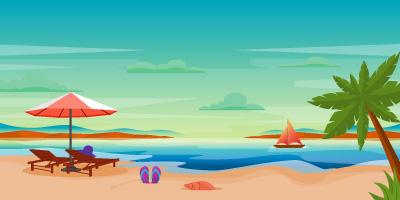 A sunshade of beach with chairs and hat, background vector