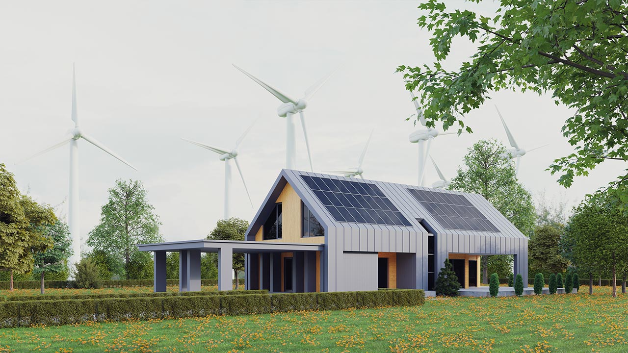 nowoczesny eko dom z panelami na dachu, elektrownia wiatrowa w tle