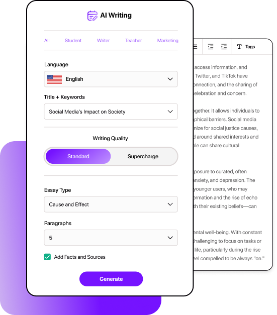Smodin graphic displaying Smodin's AI Writing UI with language, title, writing quality, and essay selections and a button.