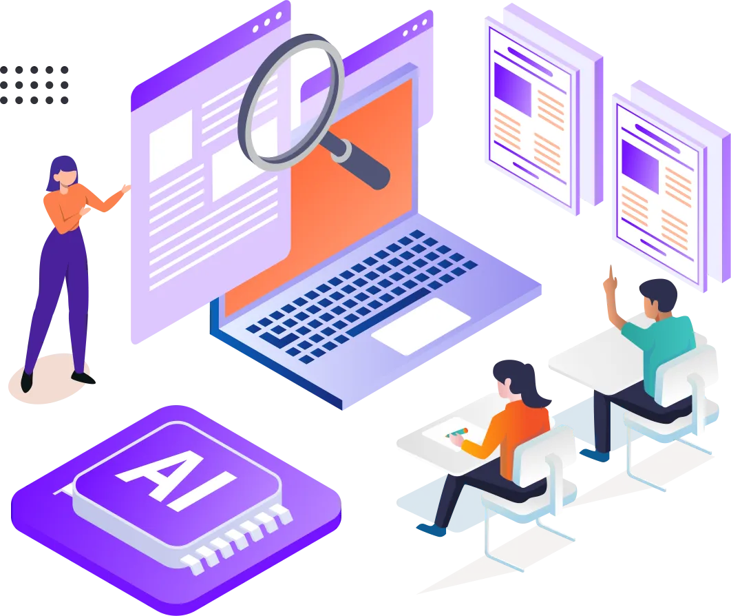 Smodin graphic of AI content detection featuring a laptop, magnifying glass, AI chip, documents, and people analyzing content.