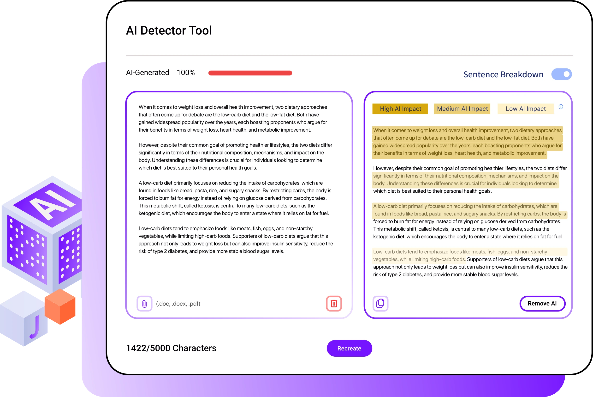 Smodin graphic of its AI Detector Tool showing 100% AI-generated text with sentence impact highlights and editing options.