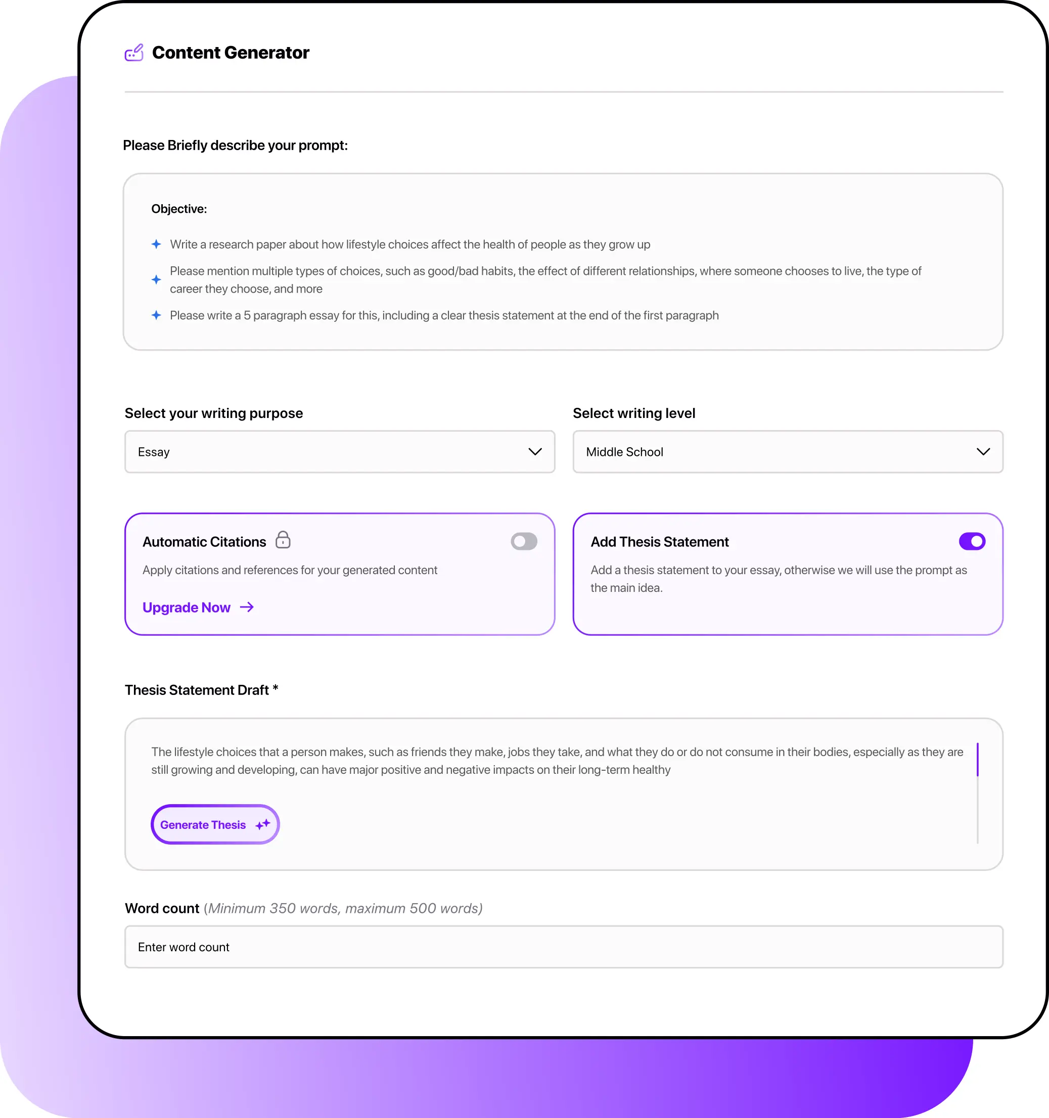 Smodin graphic of its Content Generator for essay writing with options for writing level, thesis creation, and automatic citations.