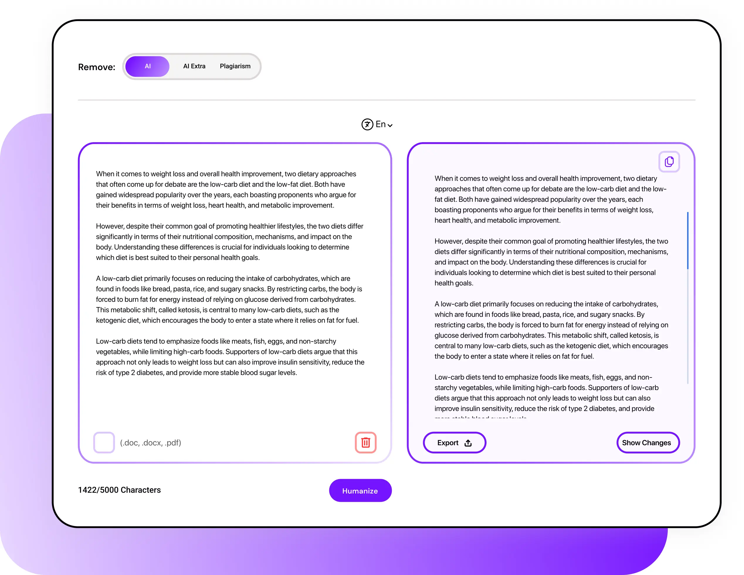 Smodin graphic of its AI content remover tool comparing original and revised versions with options to remove AI, AI extra, or plagiarism.