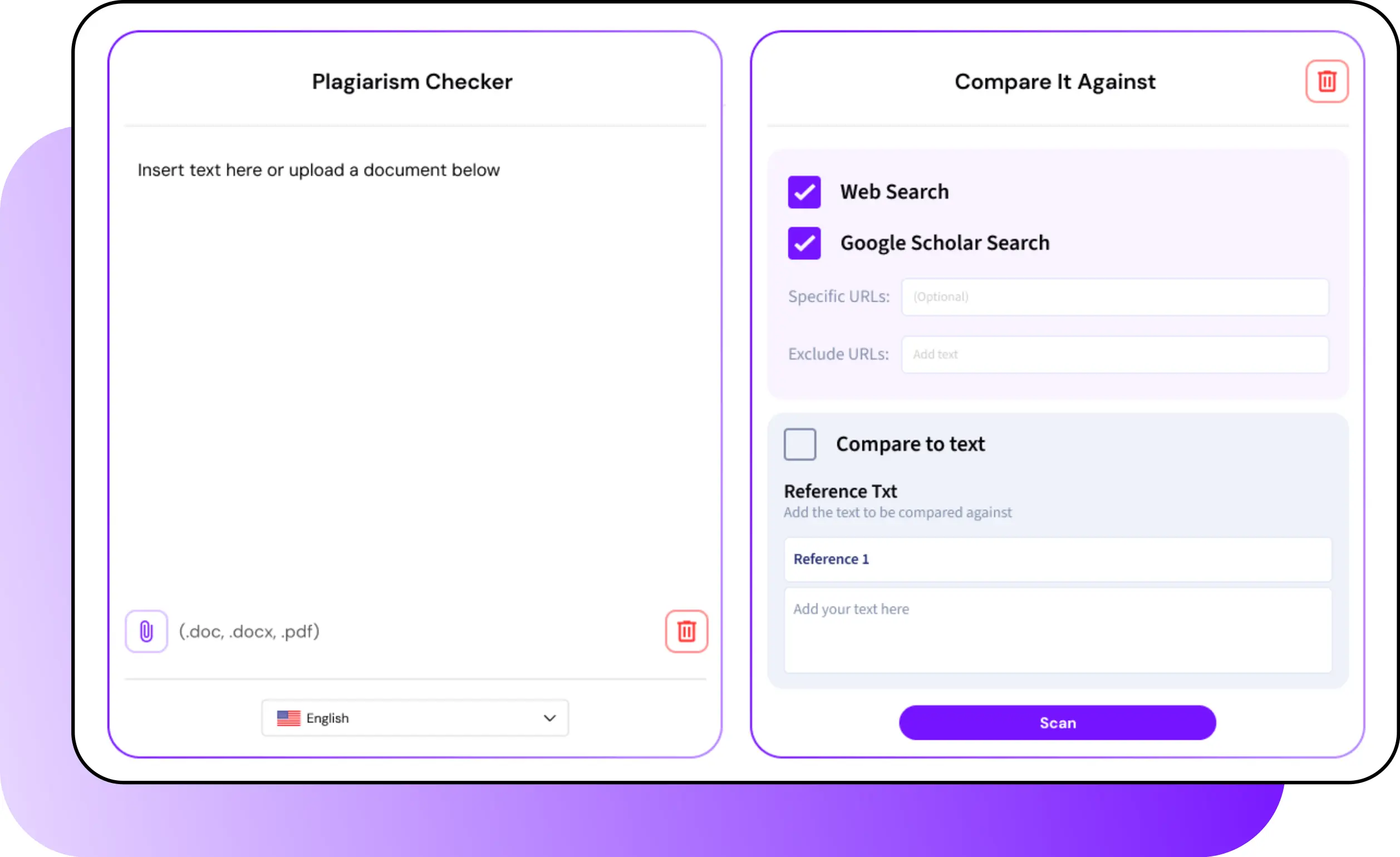 Smodin graphic of its Plagiarism Checker with options to scan via web, Google Scholar, or custom reference text comparison.
