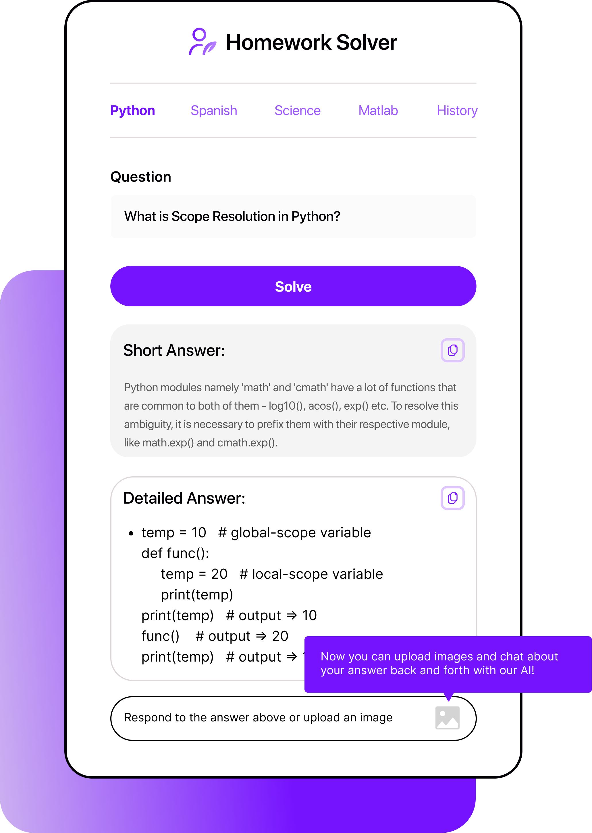 Smodin Python homework solver UI showing a question about scope resolution with short and detailed answers, and a chat option.