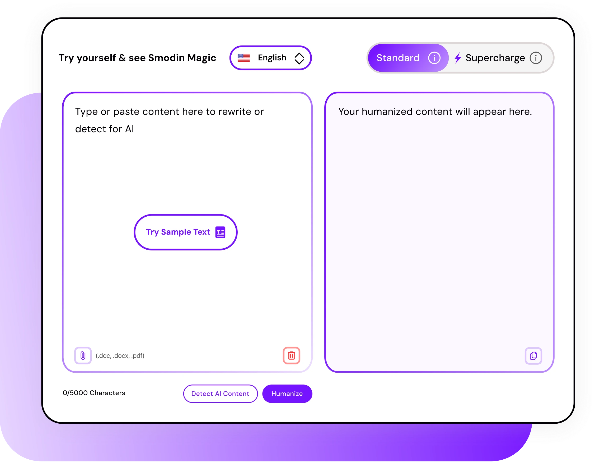 Smodin graphic of its AI humanizer tool with standard and supercharge modes, featuring input and output text panels.