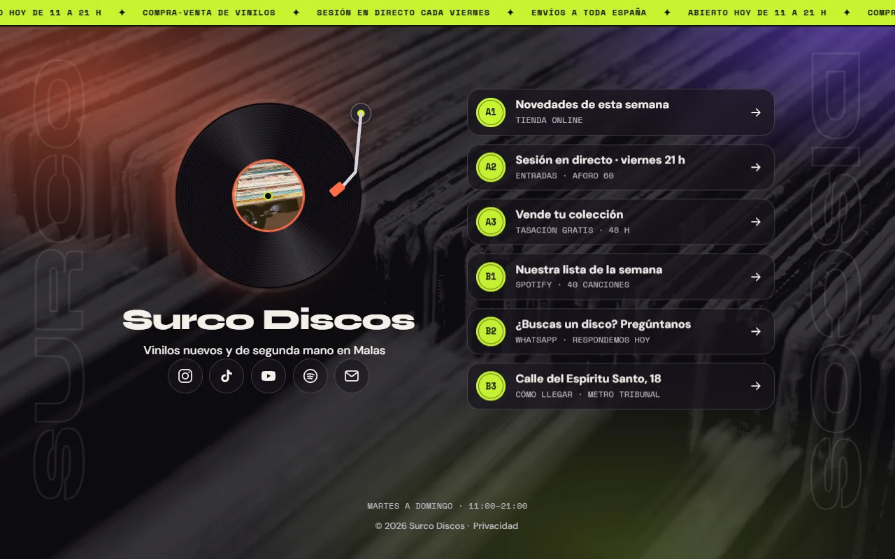 Surco Discos — Página de enlaces con disco giratorio