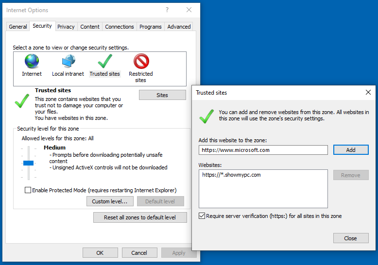 Add Trusted Site in IE settings