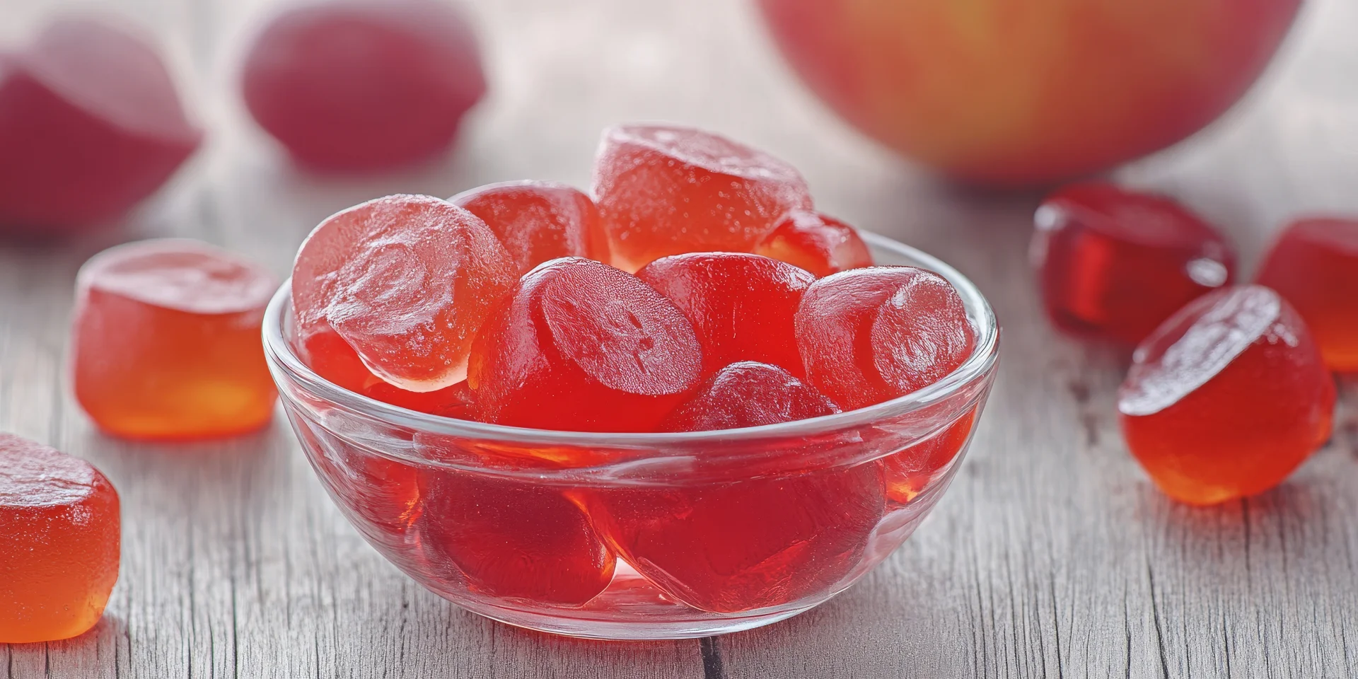 A glass bowl filled with red gummy candies, surrounded by scattered pieces on a wooden surface. An apple is blurred in the background.